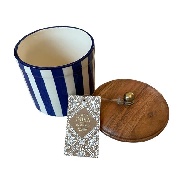 Hand Painted Striped Ceramic Canister w/ Wood Lid Made in India Blue Cream 5" - Picture 7 of 11